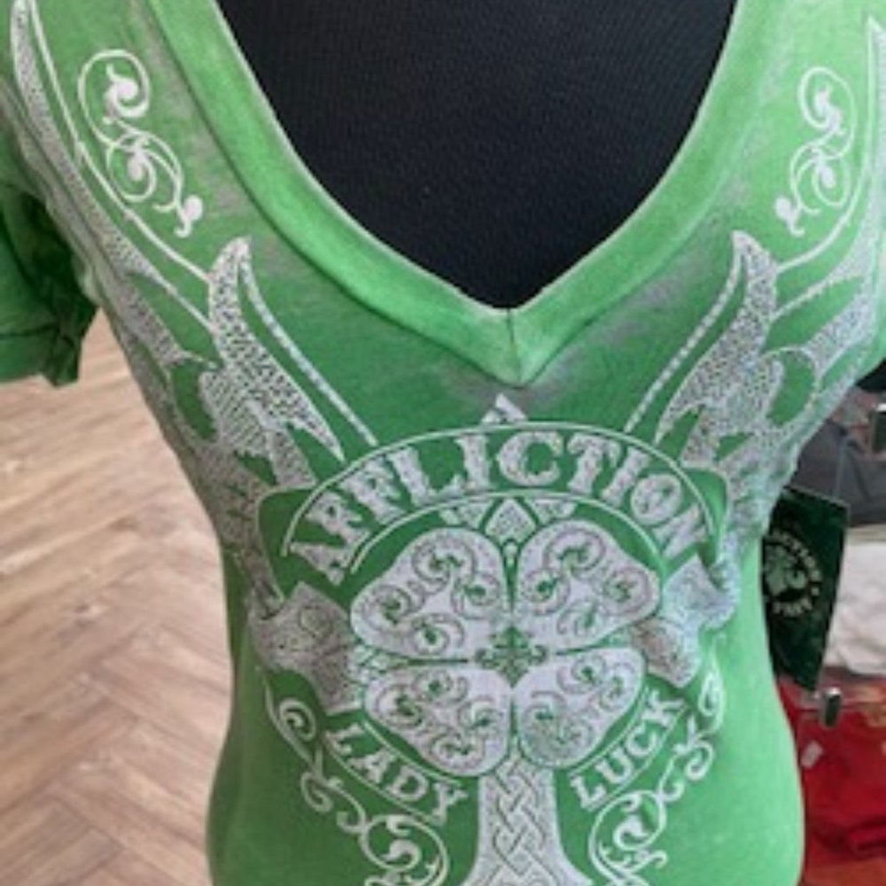 Affliction Women's Green Short Sleeve V-Neck Tee with White Graphic